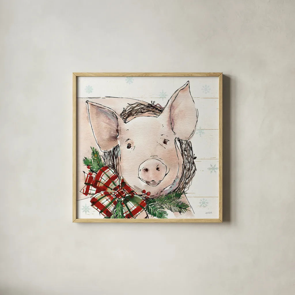 Holiday on the Farm VII by Anne Tavoletti. Shown in a natural wood glass frame for a timeless modern aesthetic. Available as an archival giclee rolled canvas, fine art paper, or poster print. SKU 37277a.