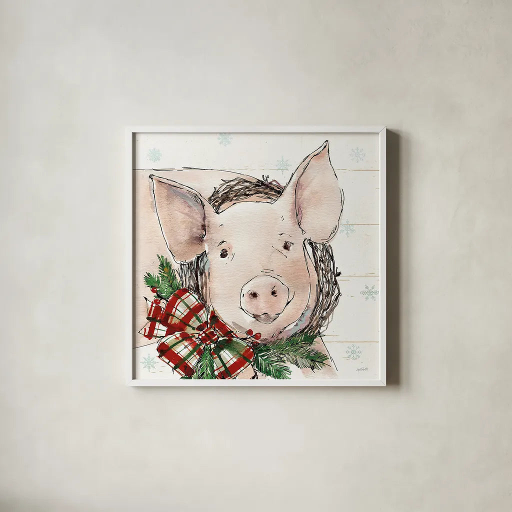 Holiday on the Farm VII by Anne Tavoletti. Shown in a crisp white glass frame for a clean and minimalist style. Available as an archival giclee rolled canvas, fine art paper, or poster print. SKU 37277a.