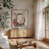 Holiday on the Farm VII by Anne Tavoletti. Shown in a natural wood frame in a cozy modern living room. Available as an archival giclee rolled canvas, fine art paper, or poster print. SKU 37277a.
