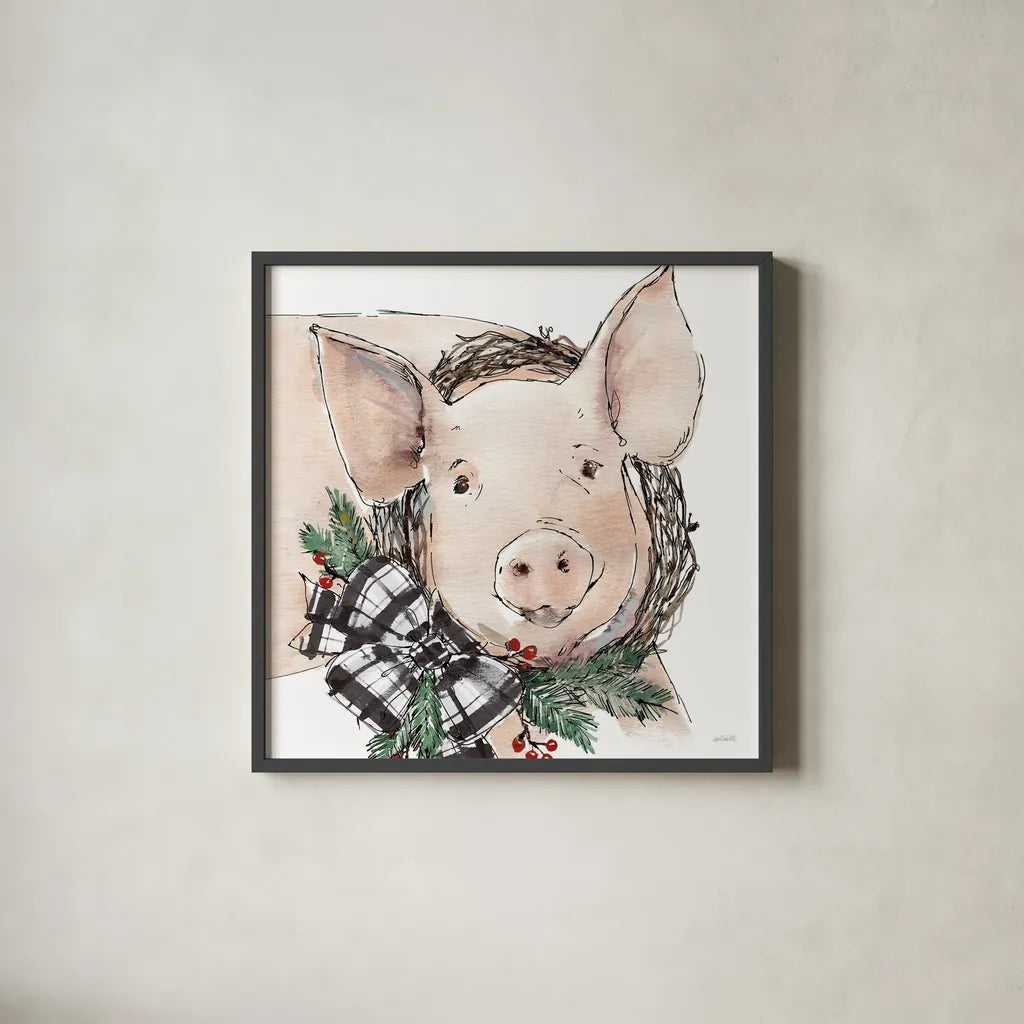 Holiday on the Farm VII Neutral by Anne Tavoletti. Shown in a sleek black glass frame for a contemporary gallery look. Available as an archival giclee rolled canvas, fine art paper, or poster print. SKU 82645a.