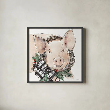 Holiday on the Farm VII Neutral by Anne Tavoletti. Shown in a sleek black glass frame for a contemporary gallery look. Available as an archival giclee rolled canvas, fine art paper, or poster print. SKU 82645a.