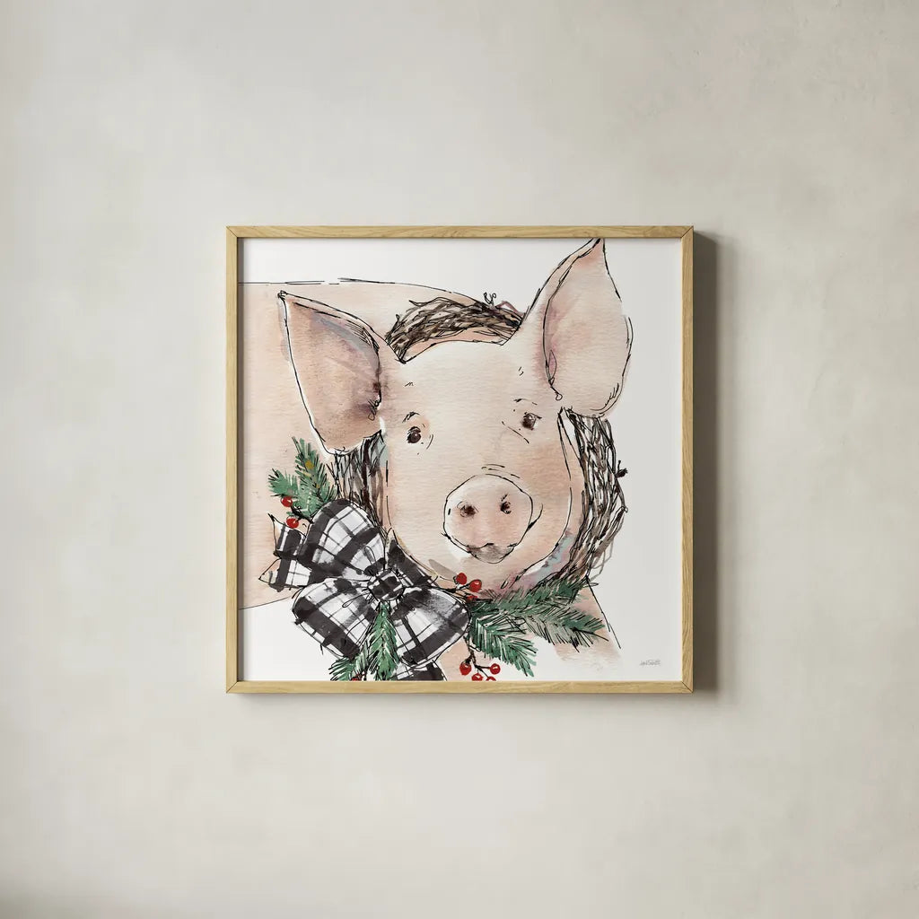 Holiday on the Farm VII Neutral by Anne Tavoletti. Shown in a natural wood glass frame for a timeless modern aesthetic. Available as an archival giclee rolled canvas, fine art paper, or poster print. SKU 82645a.