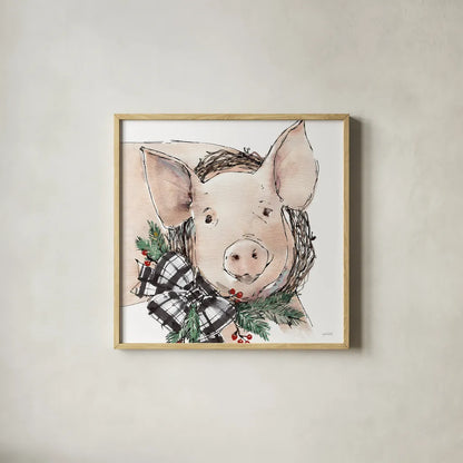 Holiday on the Farm VII Neutral by Anne Tavoletti. Shown in a natural wood glass frame for a timeless modern aesthetic. Available as an archival giclee rolled canvas, fine art paper, or poster print. SKU 82645a.