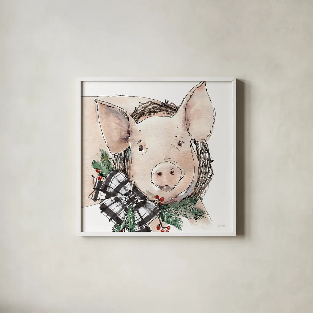 Holiday on the Farm VII Neutral by Anne Tavoletti. Shown in a crisp white glass frame for a clean and minimalist style. Available as an archival giclee rolled canvas, fine art paper, or poster print. SKU 82645a.