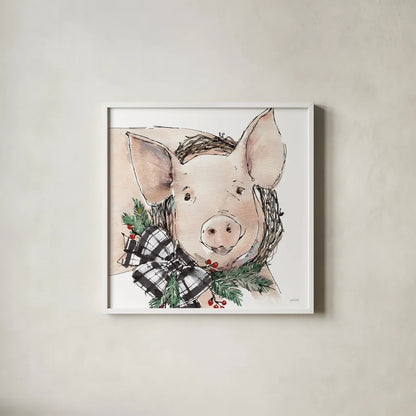 Holiday on the Farm VII Neutral by Anne Tavoletti. Shown in a crisp white glass frame for a clean and minimalist style. Available as an archival giclee rolled canvas, fine art paper, or poster print. SKU 82645a.