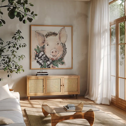 Holiday on the Farm VII Neutral by Anne Tavoletti. Shown in a natural wood frame in a cozy modern living room. Available as an archival giclee rolled canvas, fine art paper, or poster print. SKU 82645a.