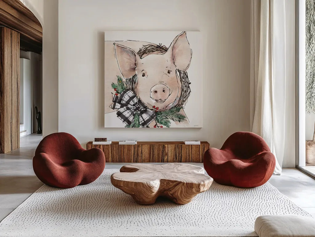 Holiday on the Farm VII Neutral by Anne Tavoletti. Shown as extra-large giant wall art in a modern living room. Available as an archival giclee rolled canvas, fine art paper, or poster print. SKU 82645a.