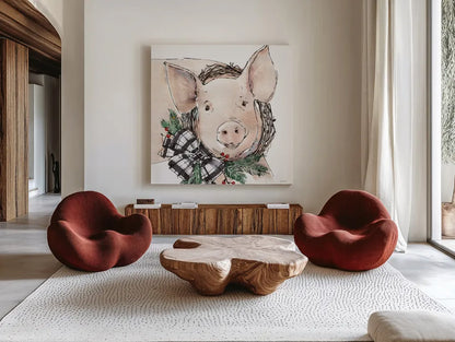 Holiday on the Farm VII Neutral by Anne Tavoletti. Shown as extra-large giant wall art in a modern living room. Available as an archival giclee rolled canvas, fine art paper, or poster print. SKU 82645a.