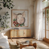 Holiday on the Farm VII on Gray by Anne Tavoletti. Shown in a natural wood frame in a cozy modern living room. Available as an archival giclee rolled canvas, fine art paper, or poster print. SKU 38390a.