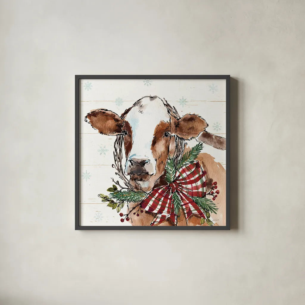 Holiday on the Farm VIII by Anne Tavoletti. Shown in a sleek black glass frame for a contemporary gallery look. Available as an archival giclee rolled canvas, fine art paper, or poster print. SKU 37278a.