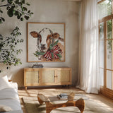 Holiday on the Farm VIII by Anne Tavoletti. Shown in a natural wood frame in a cozy modern living room. Available as an archival giclee rolled canvas, fine art paper, or poster print. SKU 37278a.