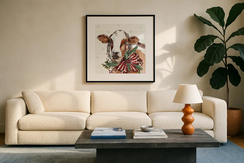 Holiday on the Farm VIII by Anne Tavoletti. Displayed in a glass frame with matte in a clean modern living room. Available as an archival giclee rolled canvas, fine art paper, or poster print. SKU 37278a.