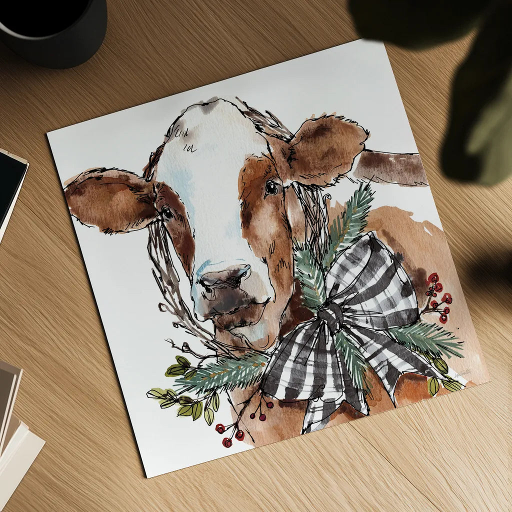 Holiday on the Farm VIII Neutral by Anne Tavoletti. Shown as a detailed flat fine art print, highlighting archival giclee quality. Available as an archival giclee rolled canvas, fine art paper, or poster print. SKU 82646a.