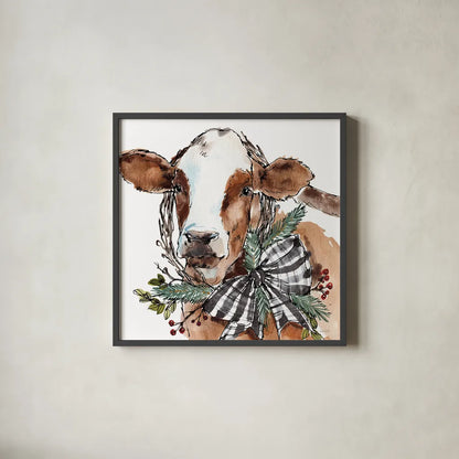 Holiday on the Farm VIII Neutral by Anne Tavoletti. Shown in a sleek black glass frame for a contemporary gallery look. Available as an archival giclee rolled canvas, fine art paper, or poster print. SKU 82646a.