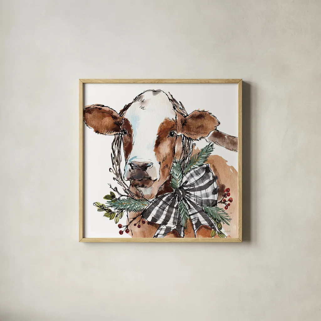 Holiday on the Farm VIII Neutral by Anne Tavoletti. Shown in a natural wood glass frame for a timeless modern aesthetic. Available as an archival giclee rolled canvas, fine art paper, or poster print. SKU 82646a.