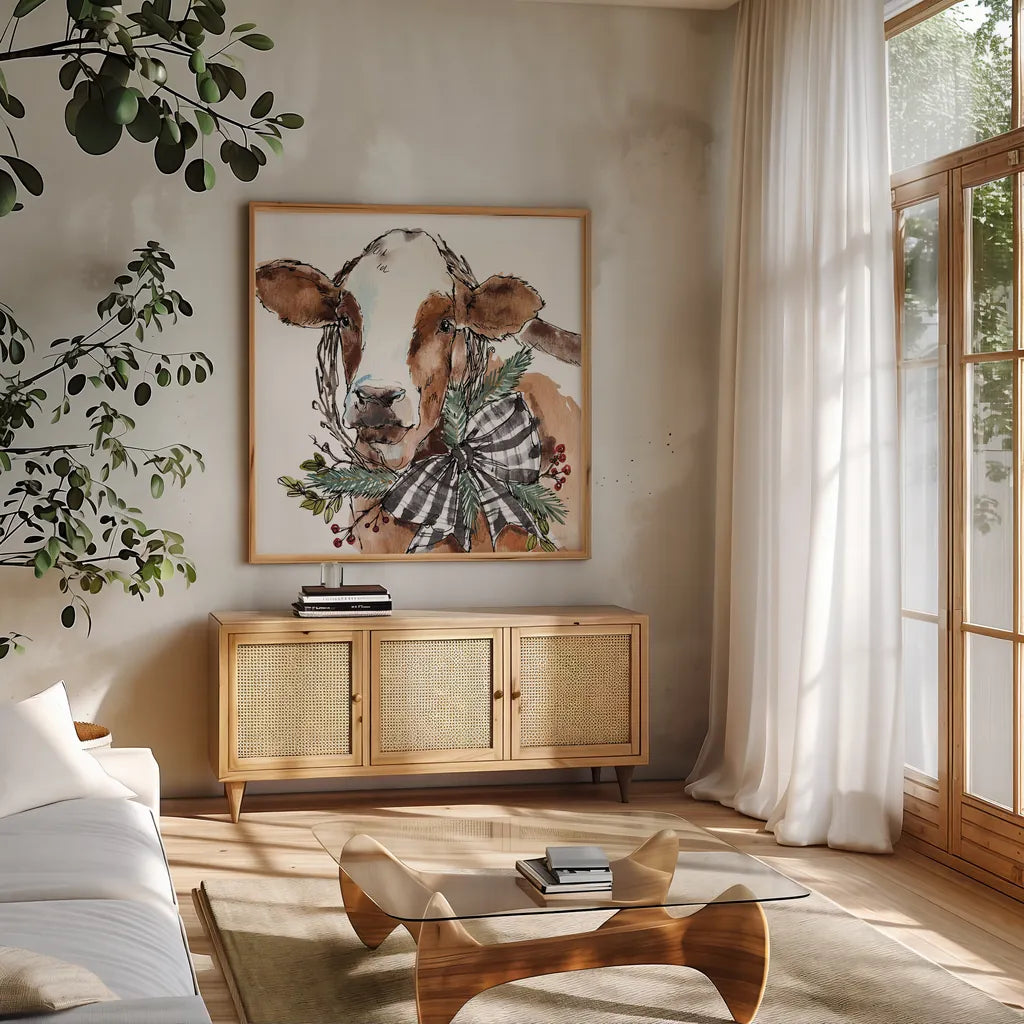 Holiday on the Farm VIII Neutral by Anne Tavoletti. Shown in a natural wood frame in a cozy modern living room. Available as an archival giclee rolled canvas, fine art paper, or poster print. SKU 82646a.