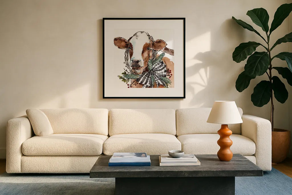 Holiday on the Farm VIII Neutral by Anne Tavoletti. Displayed in a glass frame with matte in a clean modern living room. Available as an archival giclee rolled canvas, fine art paper, or poster print. SKU 82646a.