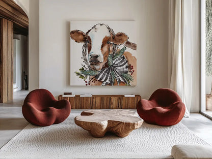 Holiday on the Farm VIII Neutral by Anne Tavoletti. Shown as extra-large giant wall art in a modern living room. Available as an archival giclee rolled canvas, fine art paper, or poster print. SKU 82646a.