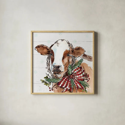 Holiday on the Farm VIII on Gray by Anne Tavoletti. Shown in a natural wood glass frame for a timeless modern aesthetic. Available as an archival giclee rolled canvas, fine art paper, or poster print. SKU 38391a.