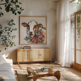 Holiday on the Farm VIII on Gray by Anne Tavoletti. Shown in a natural wood frame in a cozy modern living room. Available as an archival giclee rolled canvas, fine art paper, or poster print. SKU 38391a.