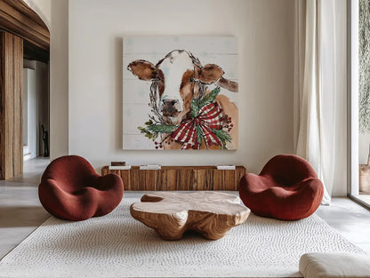 Holiday on the Farm VIII on Gray by Anne Tavoletti. Shown as extra-large giant wall art in a modern living room. Available as an archival giclee rolled canvas, fine art paper, or poster print. SKU 38391a.