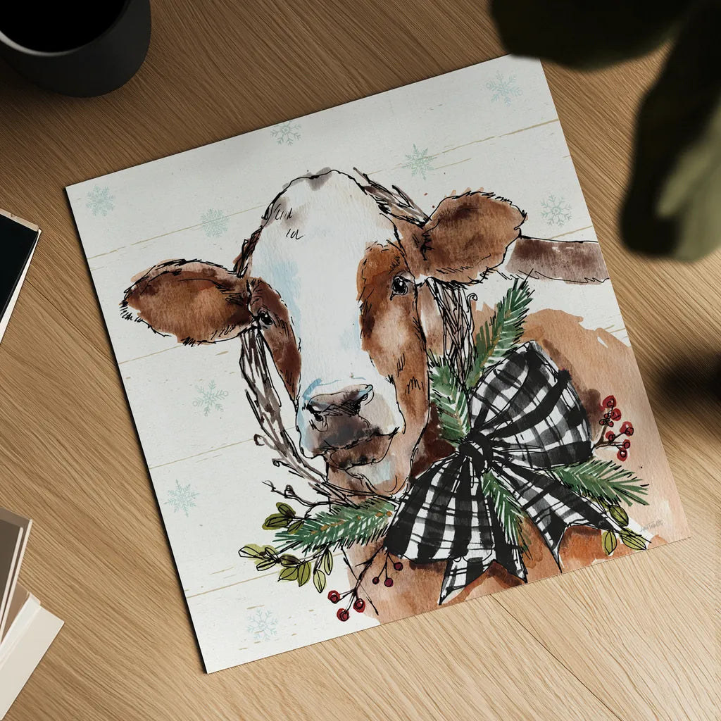 Holiday on the Farm VIII on Gray B&W Bow by Anne Tavoletti. Shown as a detailed flat fine art print, highlighting archival giclee quality. Available as an archival giclee rolled canvas, fine art paper, or poster print. SKU 57979a.