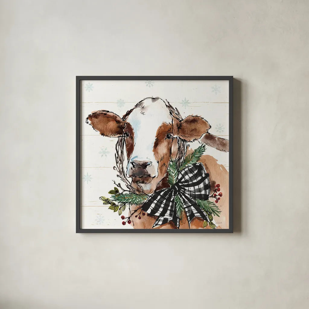 Holiday on the Farm VIII on Gray B&W Bow by Anne Tavoletti. Shown in a sleek black glass frame for a contemporary gallery look. Available as an archival giclee rolled canvas, fine art paper, or poster print. SKU 57979a.