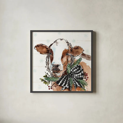 Holiday on the Farm VIII on Gray B&W Bow by Anne Tavoletti. Shown in a sleek black glass frame for a contemporary gallery look. Available as an archival giclee rolled canvas, fine art paper, or poster print. SKU 57979a.