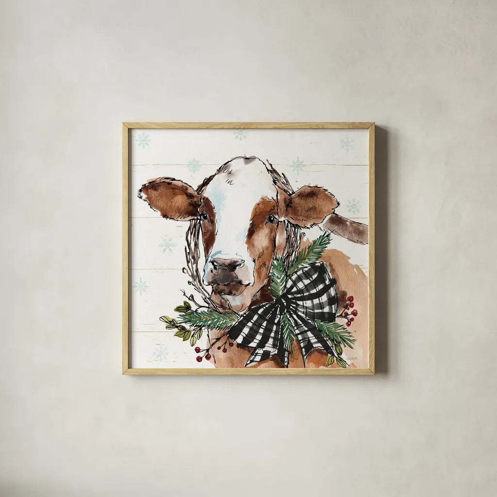 Holiday on the Farm VIII on Gray B&W Bow by Anne Tavoletti. Shown in a natural wood glass frame for a timeless modern aesthetic. Available as an archival giclee rolled canvas, fine art paper, or poster print. SKU 57979a.