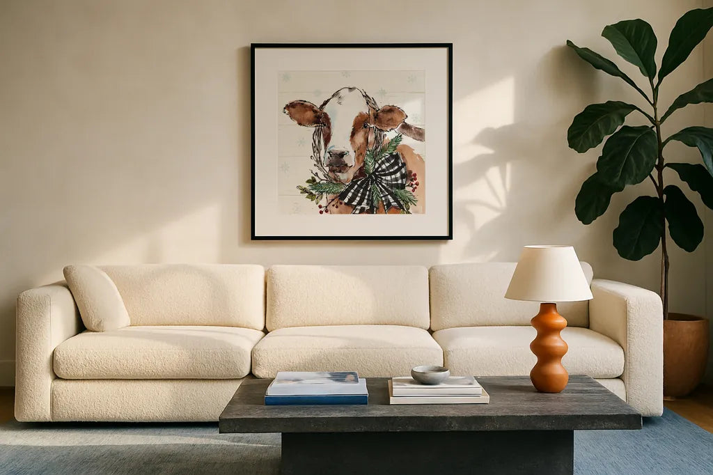 Holiday on the Farm VIII on Gray B&W Bow by Anne Tavoletti. Displayed in a glass frame with matte in a clean modern living room. Available as an archival giclee rolled canvas, fine art paper, or poster print. SKU 57979a.