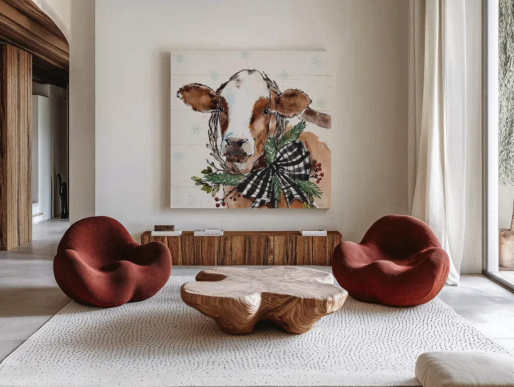 Holiday on the Farm VIII on Gray B&W Bow by Anne Tavoletti. Shown as extra-large giant wall art in a modern living room. Available as an archival giclee rolled canvas, fine art paper, or poster print. SKU 57979a.