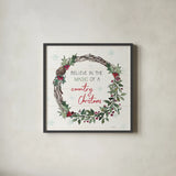 Holiday on the Farm X by Anne Tavoletti. Shown in a sleek black glass frame for a contemporary gallery look. Available as an archival giclee rolled canvas, fine art paper, or poster print. SKU 37280a.