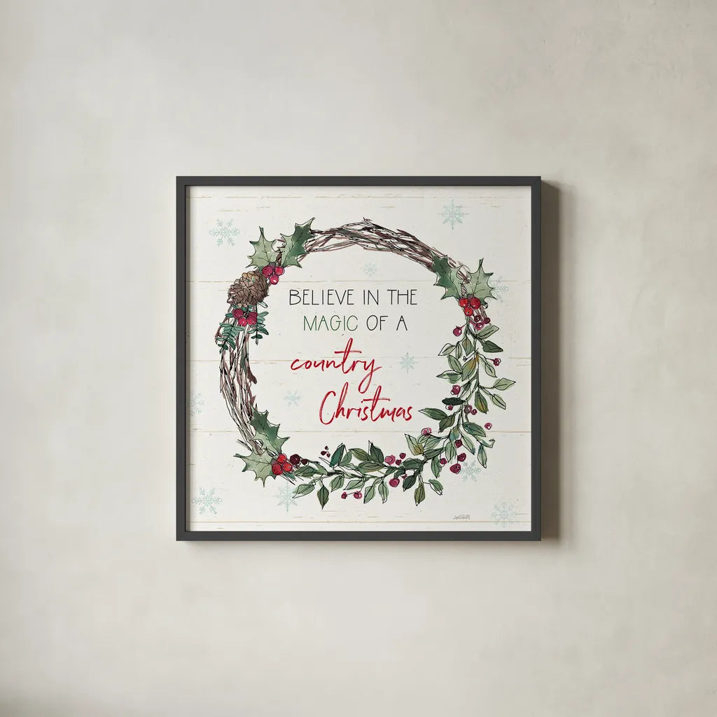 Holiday on the Farm X by Anne Tavoletti. Shown in a sleek black glass frame for a contemporary gallery look. Available as an archival giclee rolled canvas, fine art paper, or poster print. SKU 37280a.