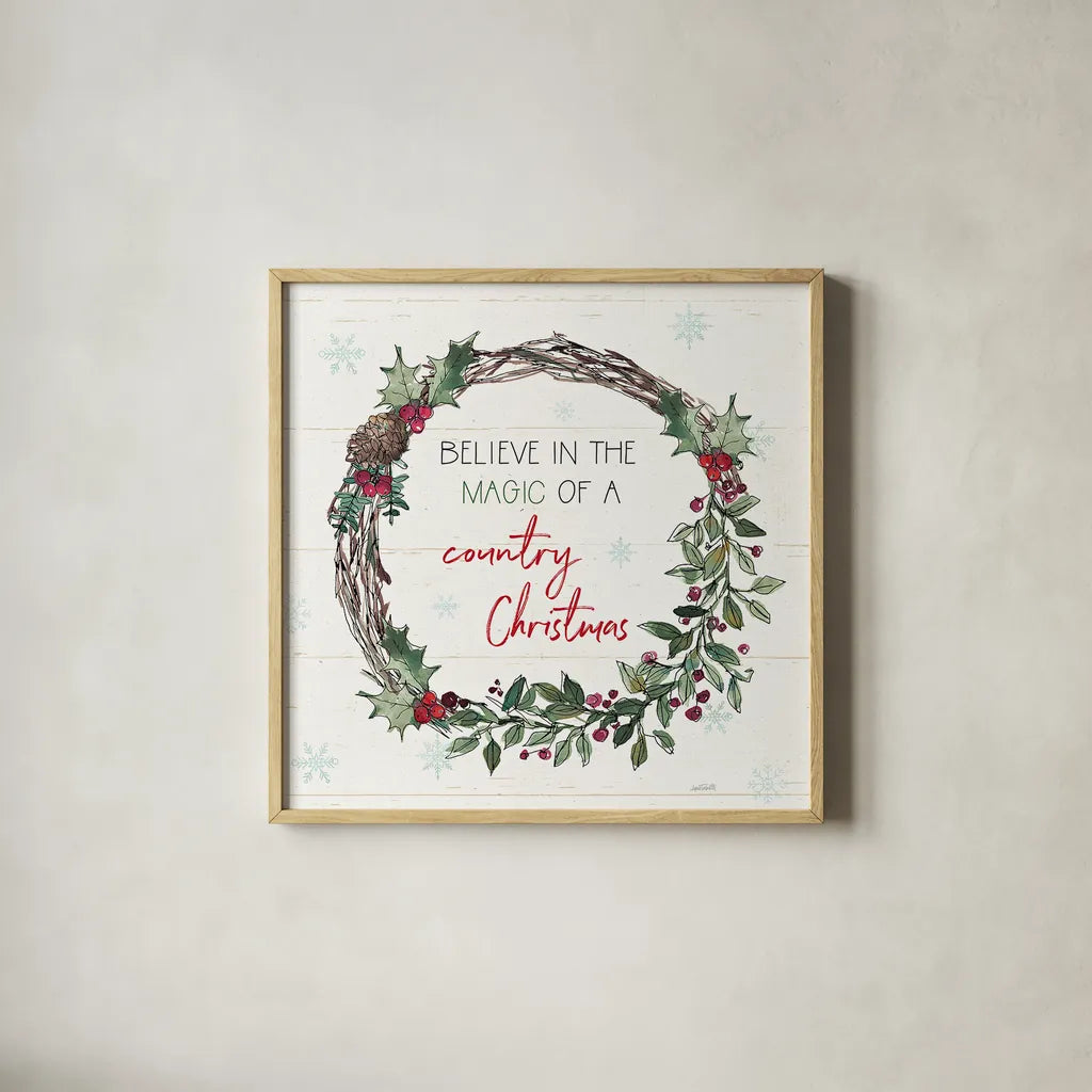 Holiday on the Farm X by Anne Tavoletti. Shown in a natural wood glass frame for a timeless modern aesthetic. Available as an archival giclee rolled canvas, fine art paper, or poster print. SKU 37280a.