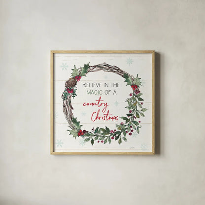 Holiday on the Farm X by Anne Tavoletti. Shown in a natural wood glass frame for a timeless modern aesthetic. Available as an archival giclee rolled canvas, fine art paper, or poster print. SKU 37280a.