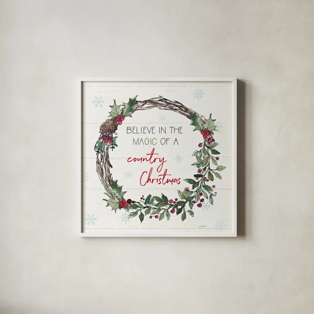 Holiday on the Farm X by Anne Tavoletti. Shown in a crisp white glass frame for a clean and minimalist style. Available as an archival giclee rolled canvas, fine art paper, or poster print. SKU 37280a.