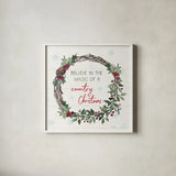 Holiday on the Farm X by Anne Tavoletti. Shown in a crisp white glass frame for a clean and minimalist style. Available as an archival giclee rolled canvas, fine art paper, or poster print. SKU 37280a.