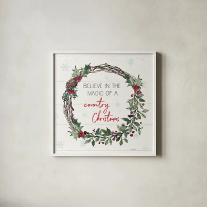 Holiday on the Farm X by Anne Tavoletti. Shown in a crisp white glass frame for a clean and minimalist style. Available as an archival giclee rolled canvas, fine art paper, or poster print. SKU 37280a.