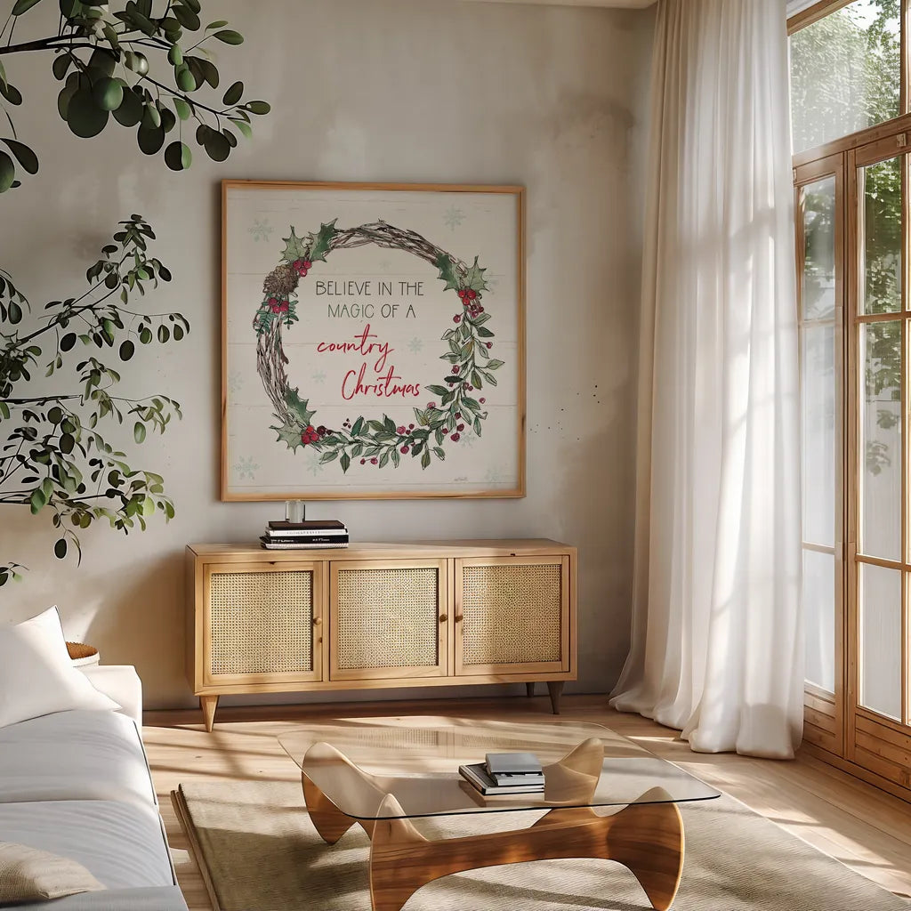 Holiday on the Farm X by Anne Tavoletti. Shown in a natural wood frame in a cozy modern living room. Available as an archival giclee rolled canvas, fine art paper, or poster print. SKU 37280a.