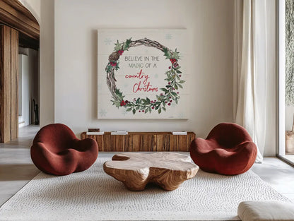 Holiday on the Farm X by Anne Tavoletti. Shown as extra-large giant wall art in a modern living room. Available as an archival giclee rolled canvas, fine art paper, or poster print. SKU 37280a.