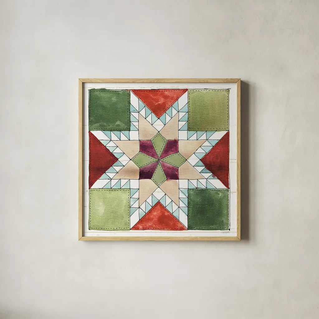 Holiday on the Farm XII by Anne Tavoletti. Shown in a natural wood glass frame for a timeless modern aesthetic. Available as an archival giclee rolled canvas, fine art paper, or poster print. SKU 37282a.