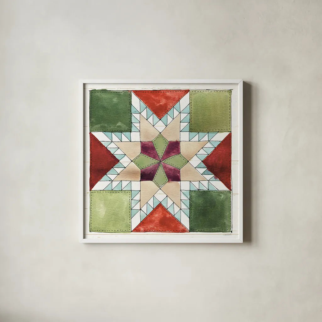 Holiday on the Farm XII by Anne Tavoletti. Shown in a crisp white glass frame for a clean and minimalist style. Available as an archival giclee rolled canvas, fine art paper, or poster print. SKU 37282a.