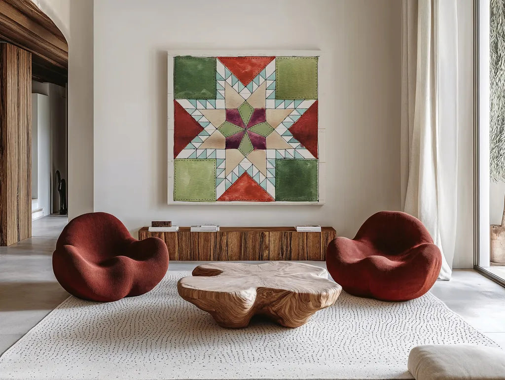 Holiday on the Farm XII by Anne Tavoletti. Shown as extra-large giant wall art in a modern living room. Available as an archival giclee rolled canvas, fine art paper, or poster print. SKU 37282a.