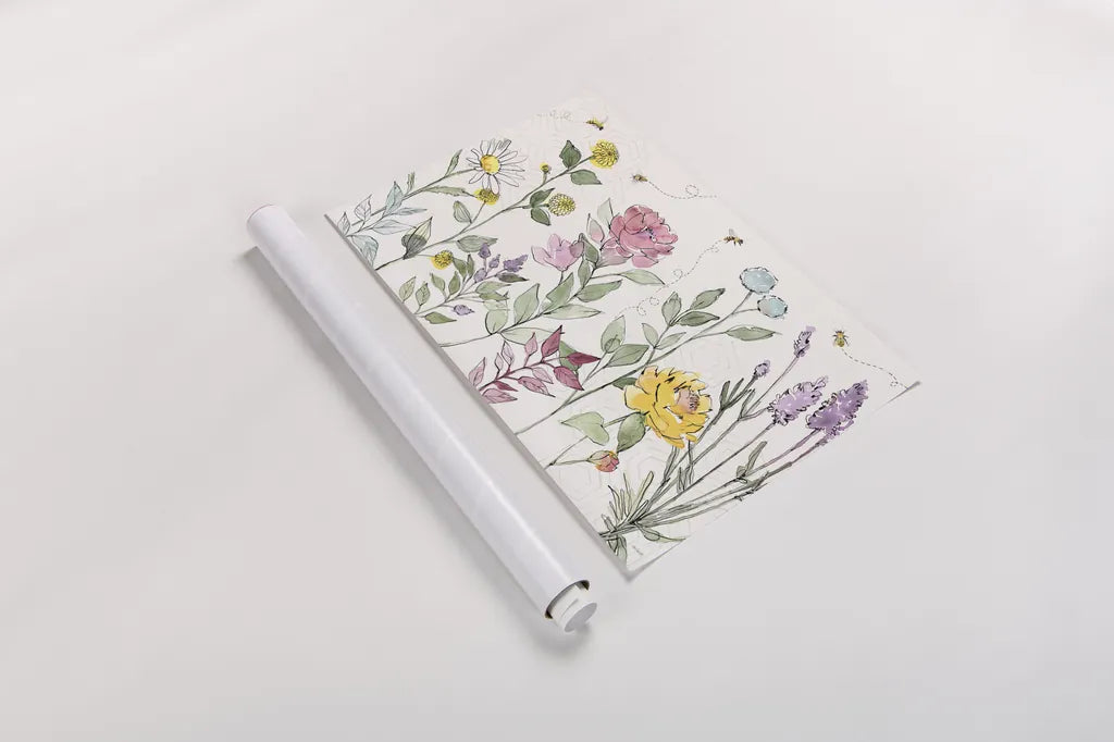 Honeybee Blossoms I by Anne Tavoletti. shown as a rolled paper print. Available as archival giclee rolled canvas, fine art paper, or poster print. SKU 72489i.