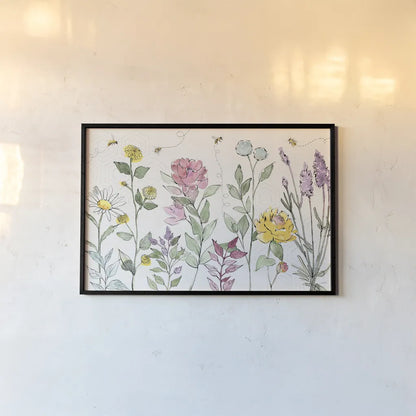 Honeybee Blossoms I by Anne Tavoletti. shown as a paper print in a black flame. Available as a archival giclee rolled canvas, fine art paper, or poster print. SKU 72489i.