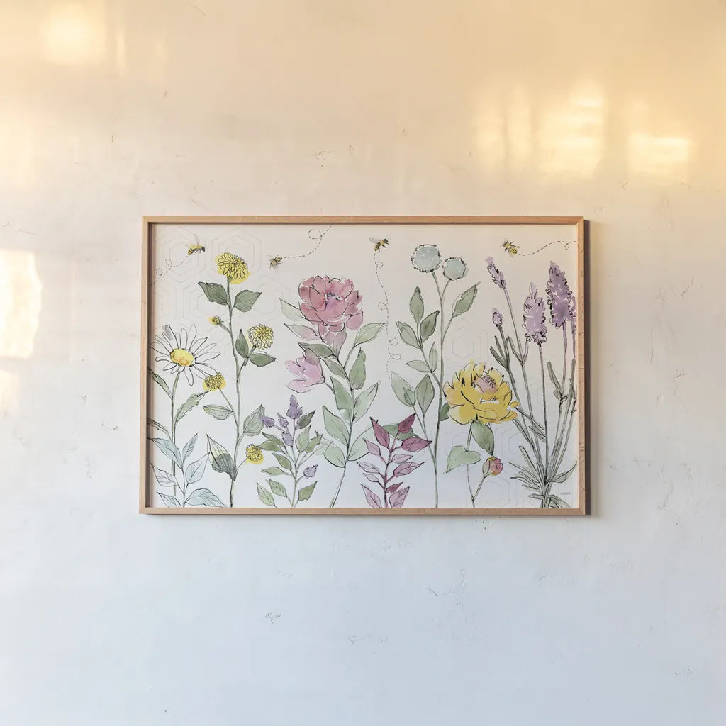 Honeybee Blossoms I by Anne Tavoletti. shown as a paper print in a natural frame. Available as a archival giclee rolled canvas, fine art paper, or poster print. SKU 72489i.