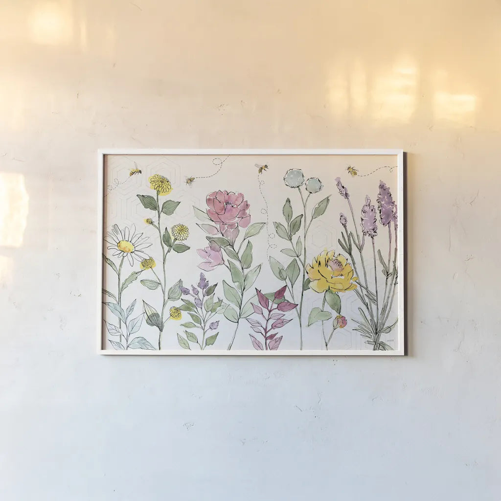 Honeybee Blossoms I by Anne Tavoletti. shown as a paper print in a white frame. Available as a archival giclee rolled canvas, fine art paper, or poster print. SKU 72489i.