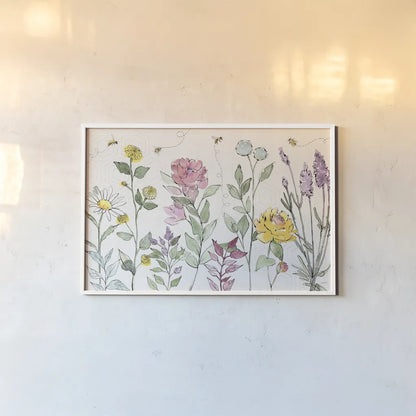 Honeybee Blossoms I by Anne Tavoletti. shown as a paper print in a white frame. Available as a archival giclee rolled canvas, fine art paper, or poster print. SKU 72489i.