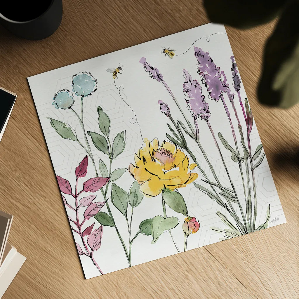 Honeybee Blossoms II by Anne Tavoletti. Shown as a detailed flat fine art print, highlighting archival giclee quality. Available as an archival giclee rolled canvas, fine art paper, or poster print. SKU 72490a.