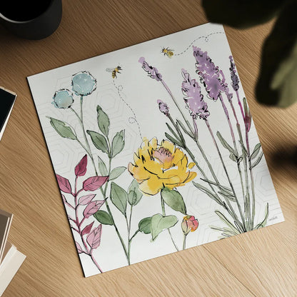 Honeybee Blossoms II by Anne Tavoletti. Shown as a detailed flat fine art print, highlighting archival giclee quality. Available as an archival giclee rolled canvas, fine art paper, or poster print. SKU 72490a.